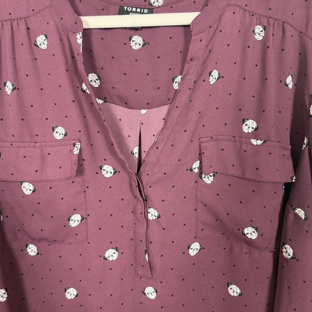 Torrid Harper Georgette Top Plus Size 2X Roll Tab Sleeves Bulldog Print Whimsy - Picture 3 of 15